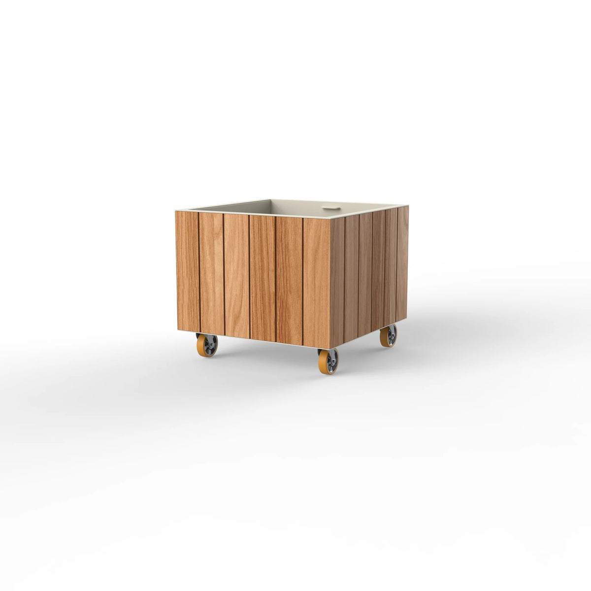 Jardinière Vineyard 80x53x71 cm, panneaux en teck naturel, sur roulettes, sur fond blanc