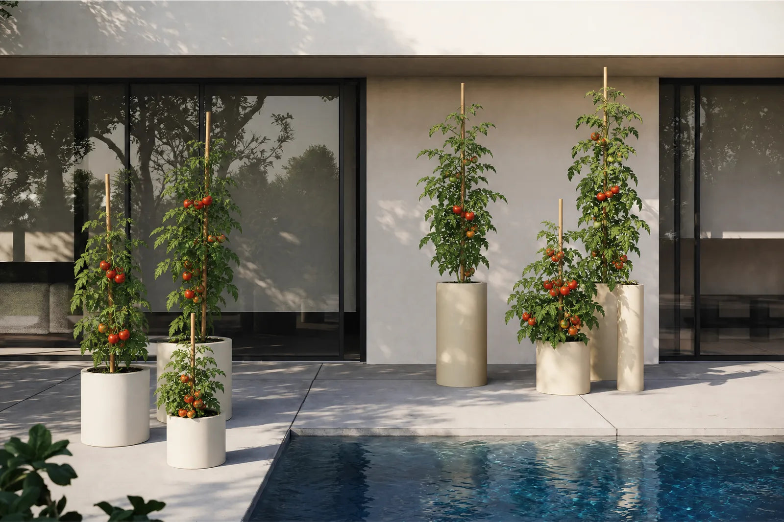 Tomates con tutor de bambú en macetas cilíndricas de distintos tamaños, en una terraza contemporánea con piscina